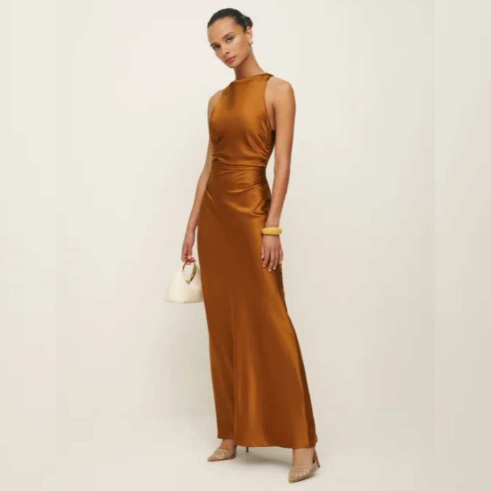 NWOT Reformation Anaiis Silk Dress in Copper Gold Brown Sleeveless Maxi